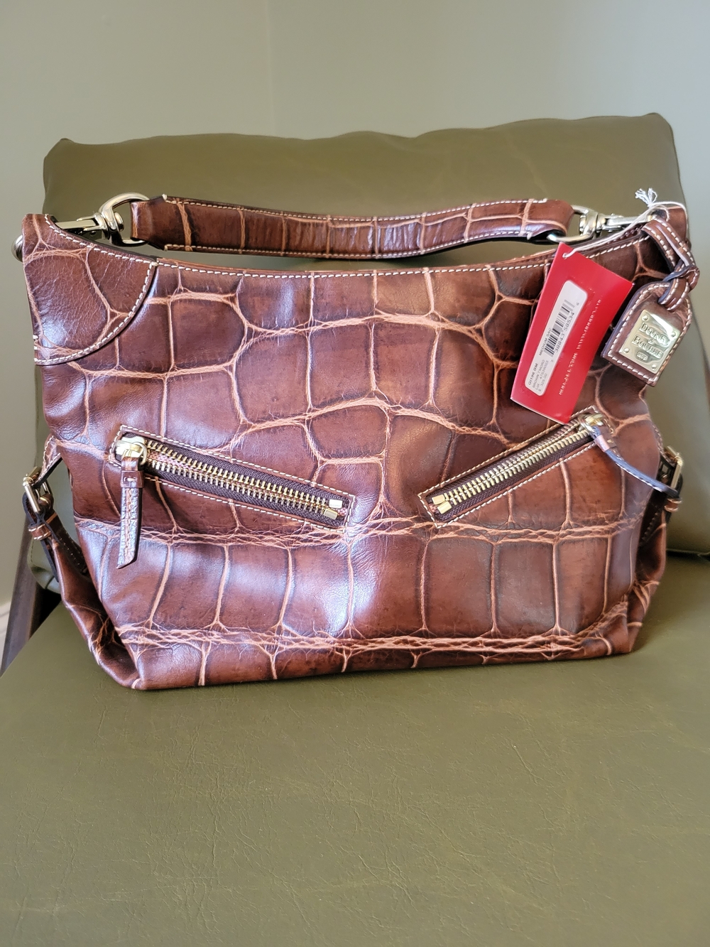 Dooney & Bourke Brown Croc-Embossed Shoulder Tote with Gold Hardware